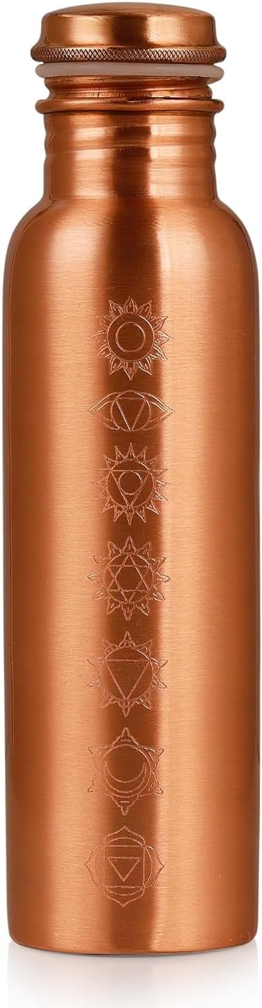 Pure Copper Metal Water Bottle - 32 oz - Indian Handmade Ayurveda Healing Drinking Water Bottle for Travel, Hiking, Gym, Office, Outdoor - Glossy Seven Chakras