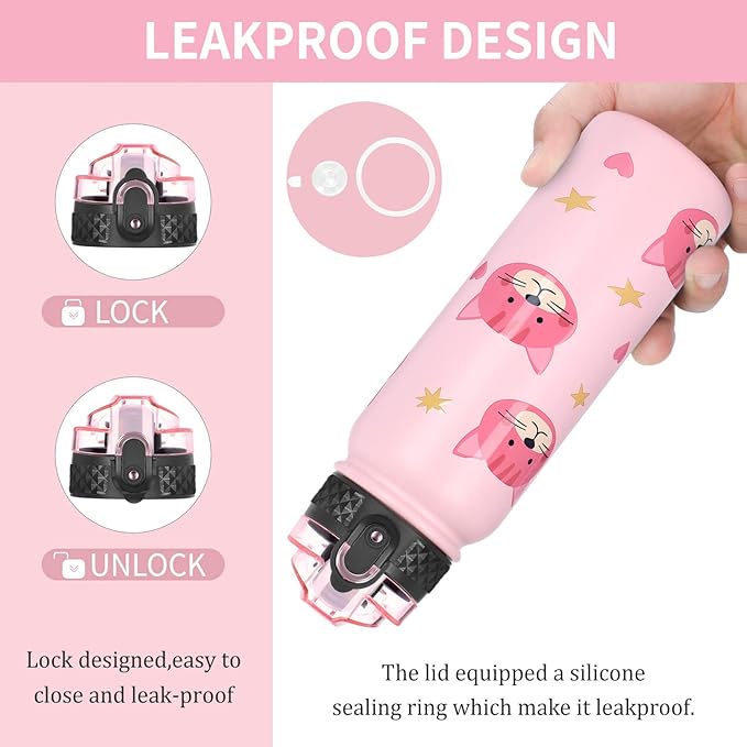 GOPPUS Kids Water Bottle with Straw Lid 20 oz Cat printing Double Walled Metal Insulated Stainless Steel Sports Water Bottles Leak Proof with Strap Handle for Boys Girls School(ink Cat 1 Lid)