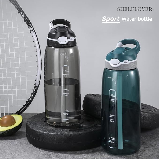 SHELFLOVER Dark Cyan Water Bottle With Narrow Straw, BPA FREE Clear Bottles With Handle One Hand Use Easy Carried, Flip Up, Suit School, Office, Gym, Office For Men, 32oz (1000ml)