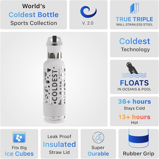 COLDEST Kids Water Bottle for School - Multiple Sizes (Straw Lid) Insulated Stainless Steel Reusable Leak-Proof for Girls, Boys (21 oz, Silver Leopard)