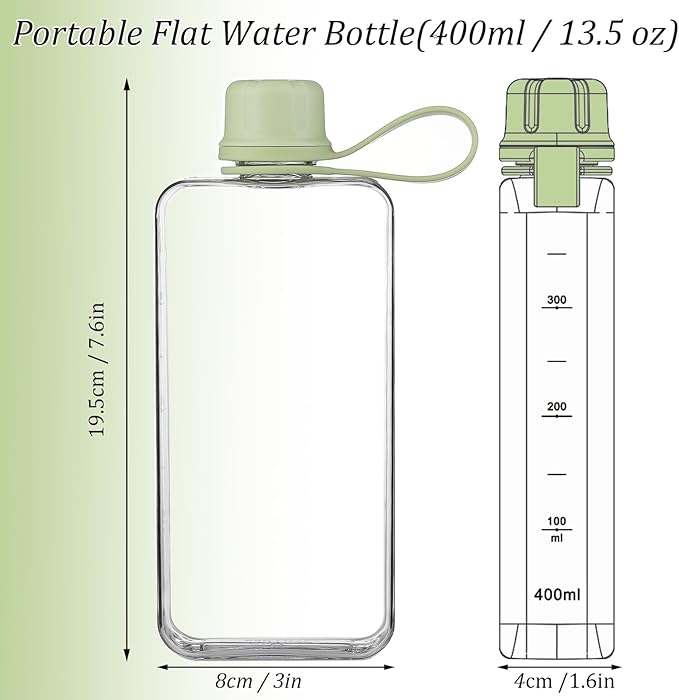 Tritan Transparent Flat Water Bottle samll Water Bottle Slim Square Pocket Bottle Water Flask, BPA Free/Slim Design/Leak Proof Water Bottle for Travel, Outdoor, Sports (Matcha Green, 400ML)