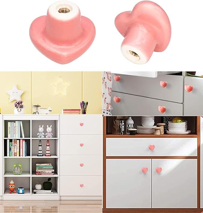 Cute Glossy Dresser Knobs Pink Ceramic Drawer Door Knobs Love Heart Shape Cabinet Cupboard Pull Handles Lovely Hardware Closet Knobs for Kids Girls Children's Bedroom (Bright Pink-6pack)