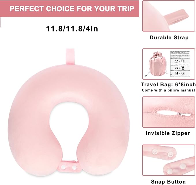Travel Neck Pillow Airplane, Soft Memory Foam Support Head Neck Chin, with Removale Cover and Adjustable Snap Button, Comfortable Sleeping in Plane Car Train Traveling Office, Light Pink