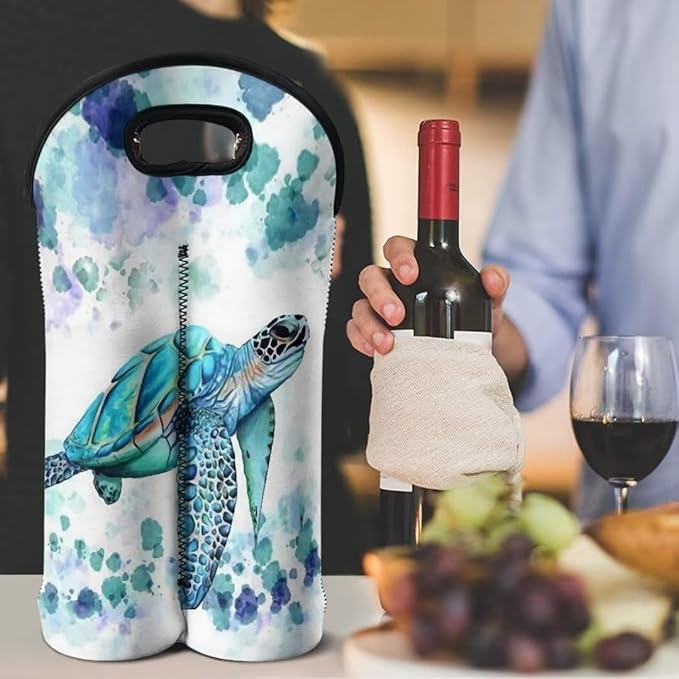 doginthehole Sea Turtle Wine Carrier Tote Bag 2 Bottle Insulated Neoprene Wine/Water Bottle Holder for Travel with Handle, Aqua Animal Print Wine Bags Bottle Protective Carriers Beer Bottle Sleeve