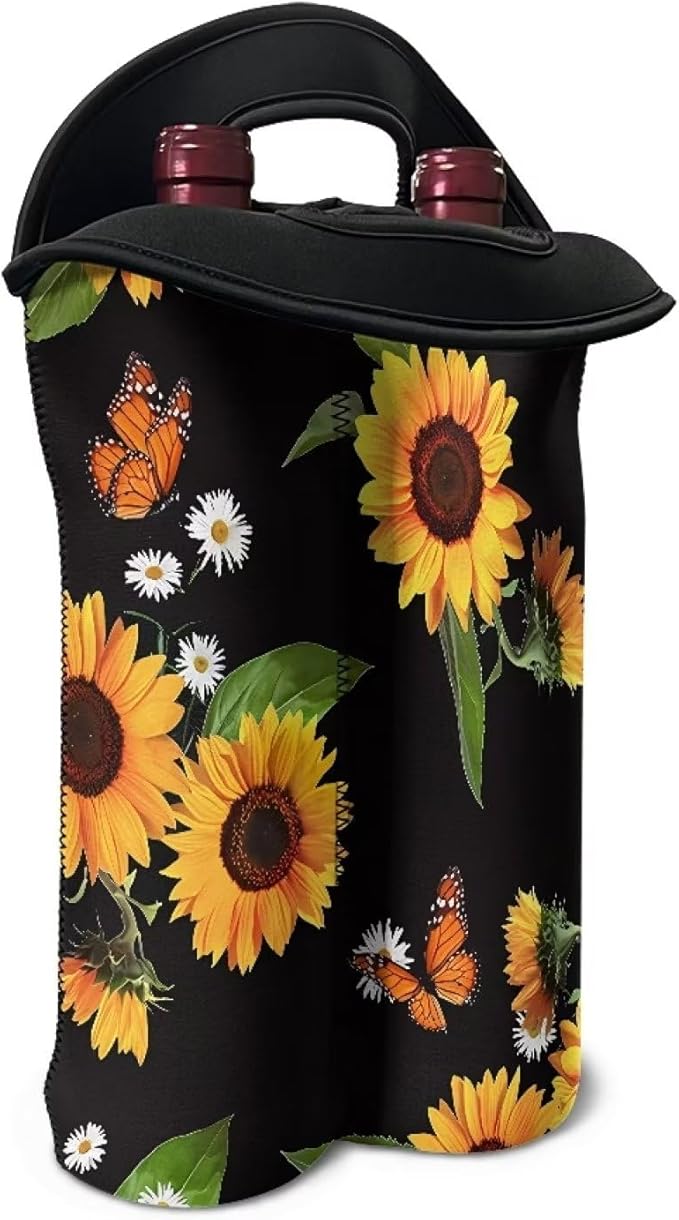 doginthehole Sunflower Butterfly Wine Bottle Carrier Reusable Wine Gift Tote Bags 2 Bottle Wine Bag for Birthday Party Wine Carry Holder Neoprene Champagne Bottle Protective Bag