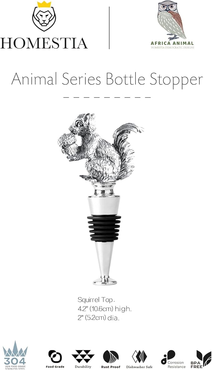 Homestia Wine Bottle Stoppers for Glass Bottles, Squirrel Bottle Stopper Reusable Wine Corks Black Wine Tool, Zinc-Alloy Silicone Wine Stoppers, Wine Toppers with Decors