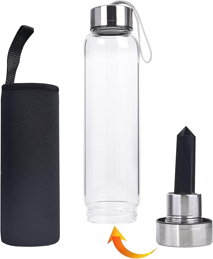 Crystal Glass Water Bottle Energy Quartz Gemstone Water Bottle with Changeable Natural Crystal Center for Healing and Wellness