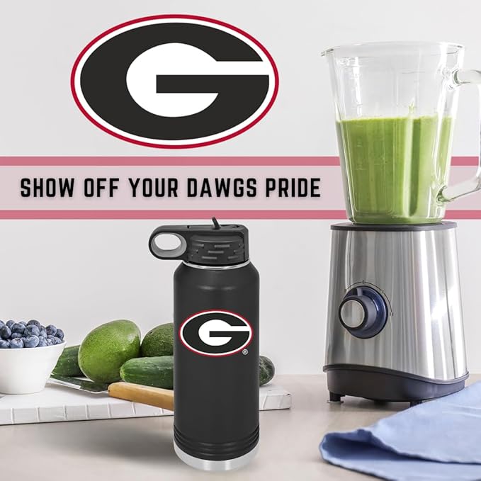 University of Georgia Bulldogs 32oz Stainless Steel Double Walled Black Beverage Bottle with Flip Straw Spout - College Gear for Playoff Season – For Office, Home or Auto – Show your Bulldog Pride