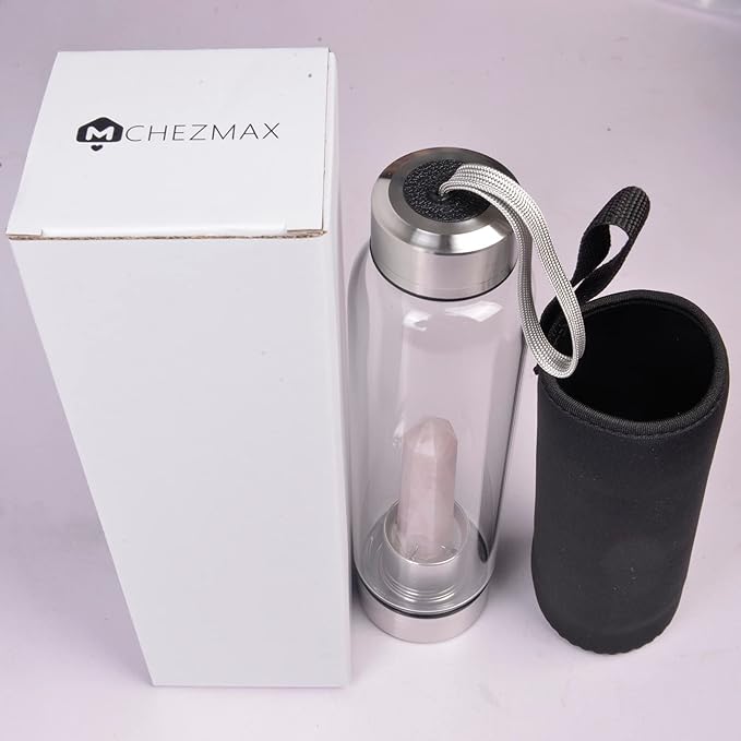 Crystal Glass Water Bottle, Glass Water Bottle with Changeable Natural Crystal Center, Quartz Gemstone Water Bottle for Natural