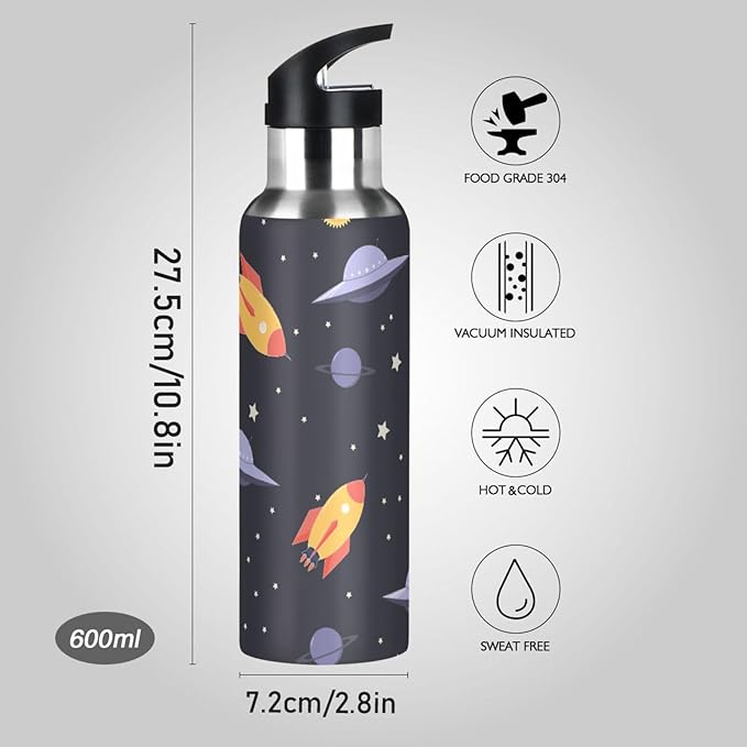 Space ＆ Rocket Sports Water Bottle, Double Wall Vacuum Insulated Stainless Steel Water Bottle with Straw Keeps Hot and Cold, Bike Running Sports Travel Gym 20oz