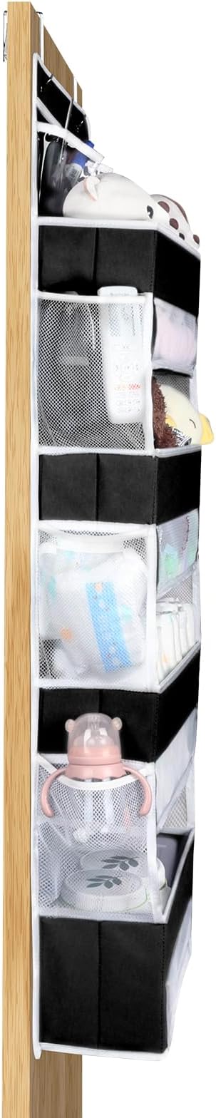 Univivi Over the Door Organizer, Door Hanging Organizer Nursery Door Storage with 4 Large Compartments and 2 Small PVC Pockets 6 Side Pockets for Bathroom,Cosmetics and Nursery Baby Essential - Black