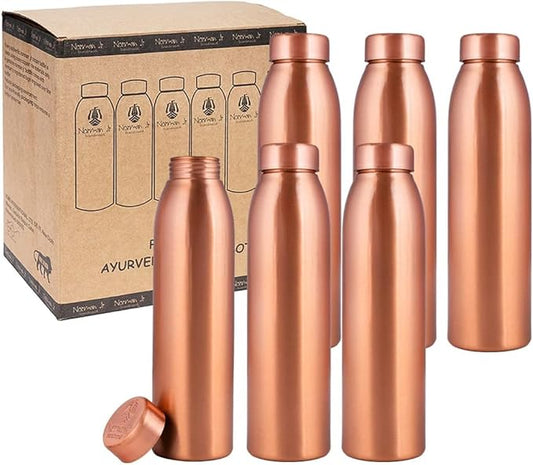Copper Water Bottle 1Liter - Gift Box of 6, Plain, an Ayurvedic vessel made from pure copper - helps you drink more water, with many health benefits