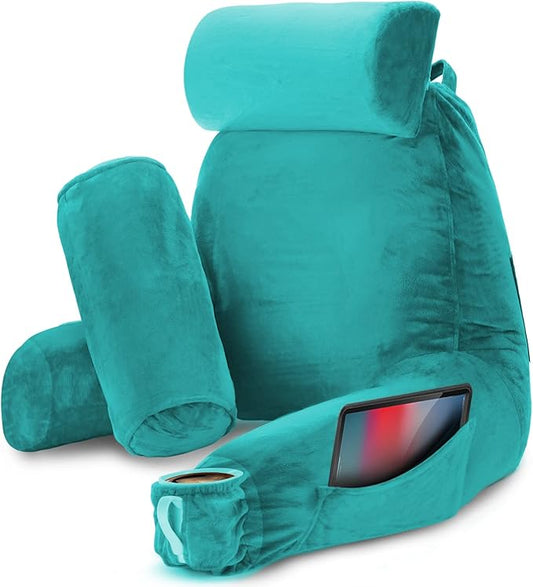 Nestl Reading Pillow Large Bed Pillow, Back Pillow for Sitting in Bed Shredded Memory Foam Chair Pillow, Reading & Bed Rest Pillows Teal Back Pillow for Bed, Bed Chair Arm Pillow with Pockets