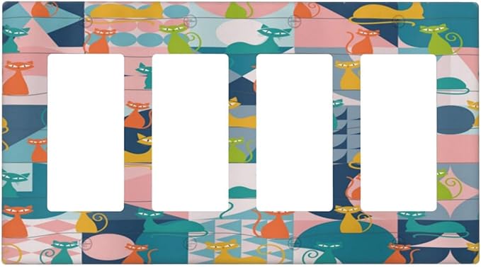 Mid Century Modern Atomic Cute Cats 4 Gang Rocker Decora Light Switch Cover Outlet Covers Wall Plate Decorative Switchplate Electrical Faceplate GFCI for Kidroom Nursery Bedroom Decor