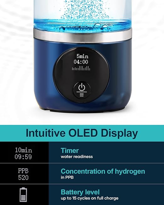 Hydrogen Water Bottle, BUZIO Hydrogen Water Bottle Generator Machine with Gen5 Technology Real 3000ppb Pure Hydrogen Concentration Alkaline Water bottle for Fitness, with Dupont Membrane, OLED Display