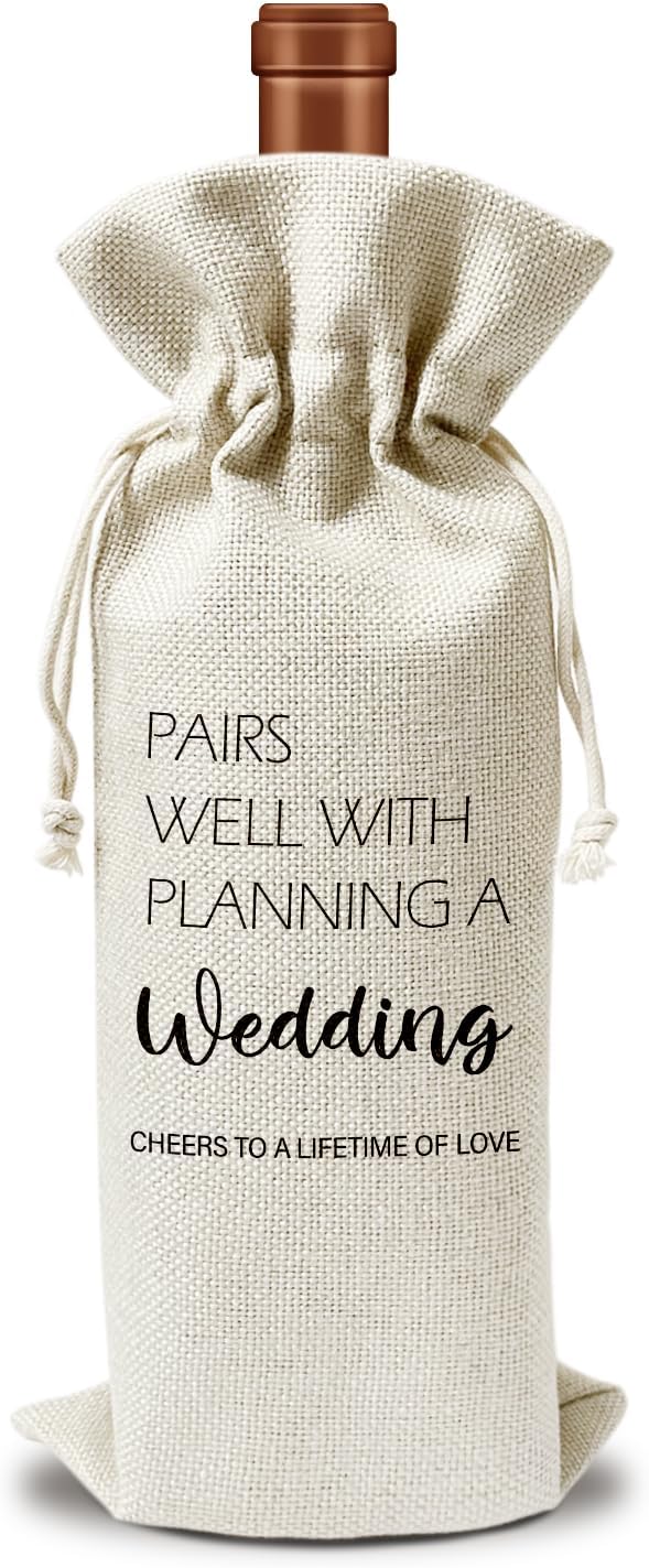 Engagement Wine Gift Bag, Engagement Gifts for Couples Newly Engaged, 1pcs Well with Wedding Planning Reusable Burlap Drawstring Wine Gifts Bag for Wine Bottles, Wedding Holiday Party Favor -09