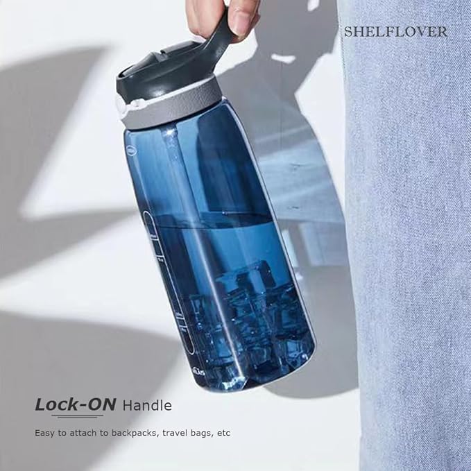 SHELFLOVER Blue Water Bottle With Narrow Straw, BPA FREE Clear Bottles With Handle One Hand Use Easy Carried, Flip Up, Suit School, Office, Gym, Office For Men, 32oz (1000ml)