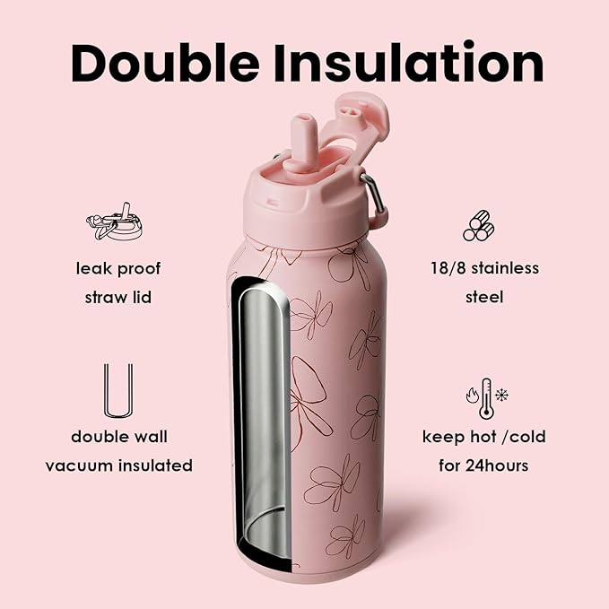 BOTTLE BOTTLE 32oz Insulated Water Bottle Stainless Steel Sport Water Bottle with Straw Dual-use Lid Design for Gym with Pill Box (pink flower)