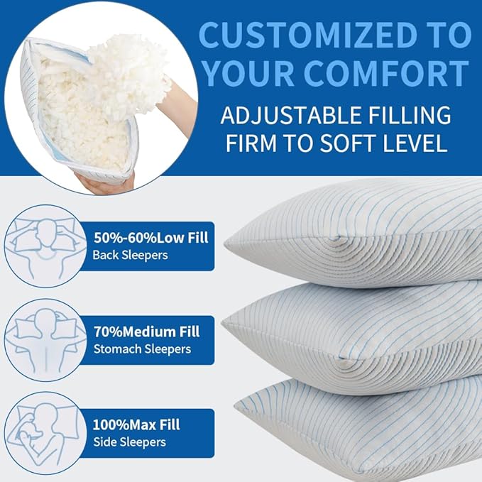 Shredded Memory Foam Pillows Standard Size Set of 2, Cooling Pillows for Sleeping That Stay Cold, Adjustable Firm Pillow for Side Back Stomach Sleepers with Washable Removable Cover