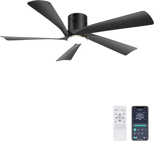 Ohniyou 52” Low Profile Ceiling Fan with Lights, Remote & APP Control Modern Flush Mount Indoor Outdoor Ceiling Fans, Dimmable, Silent DC Motor, Reversible, Black