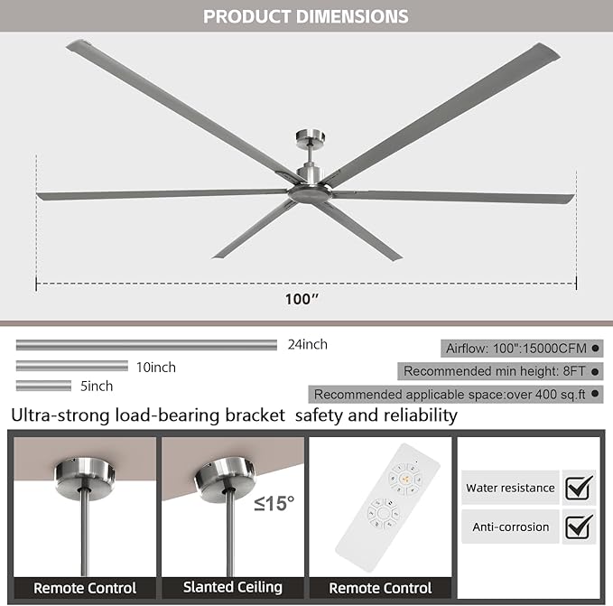GESUM 100 Inch Ceiling Fans with Remote Control, Industrial Ceiling Fan with 6 Aluminum Blades, 3 Downrods, Reversible, 6-Speeds, Large Ceiling Fan for Porch/Garage/Shop (Brushed Nickel)
