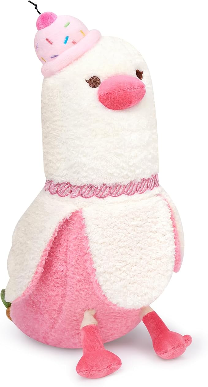 PEACH CAT Banana Duck Plush Pillow with Cherry Cake Hat Banana Duck Stuffed Animal Gift for Girls Boys White and Pink 12"