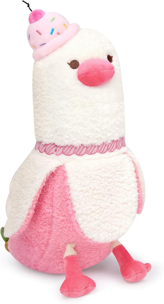 PEACH CAT Banana Duck Plush Pillow with Cherry Cake Hat Banana Duck Stuffed Animal Gift for Girls Boys White and Pink 12"