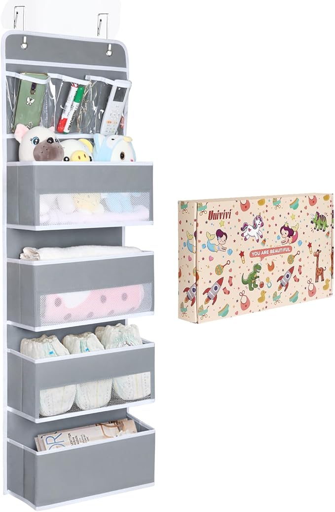 Univivi Door Hanging Organizer Nursery Closet Cabinet Baby Storage with 4 Large Pockets and 3 Small PVC Pockets for Cosmetics, Toys and Sundries with Gift Box (Grey)