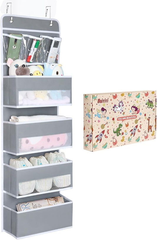 Univivi Door Hanging Organizer Nursery Closet Cabinet Baby Storage with 4 Large Pockets and 3 Small PVC Pockets for Cosmetics, Toys and Sundries with Gift Box (Grey)