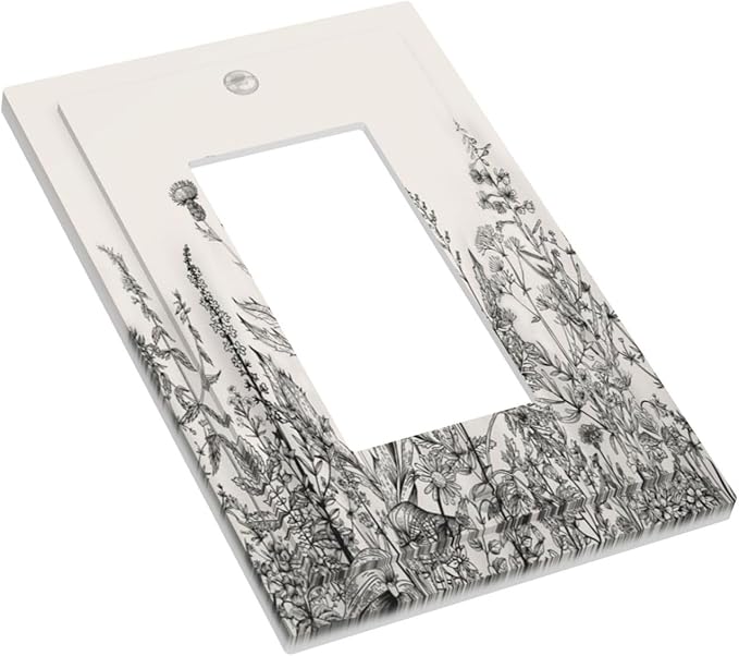 Vintage Grey Floral Herbs Wild Flowers Botanical 1 Gang Rocker Boho Light Switch Covers Decorative Country Unique Single Decora Outlet Wall Plate Faceplate Switchplate GFCI for Bedroom
