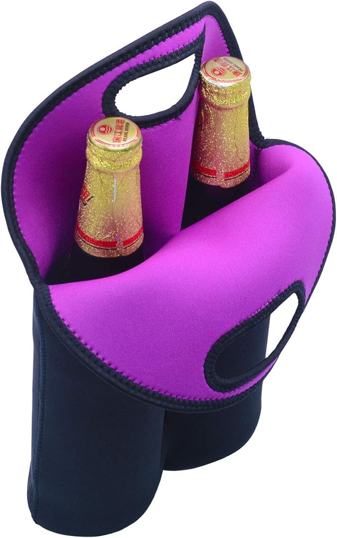 Two Bottles Wine Carrier Tote Bag, Insulated Thick Neoprene Wine/Water Bottle Holder Keeps Bottles Protected, Perfect for Picnics, Beach, Travel (2 PCS, Black)