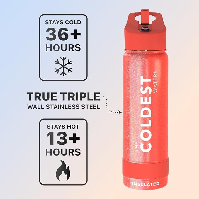 Coldest Sports Water Bottle with Straw Lid Vacuum Insulated Stainless Steel Metal Thermos Bottles Leak Proof Flask for Sports (24 oz, Mars Red Glitter)