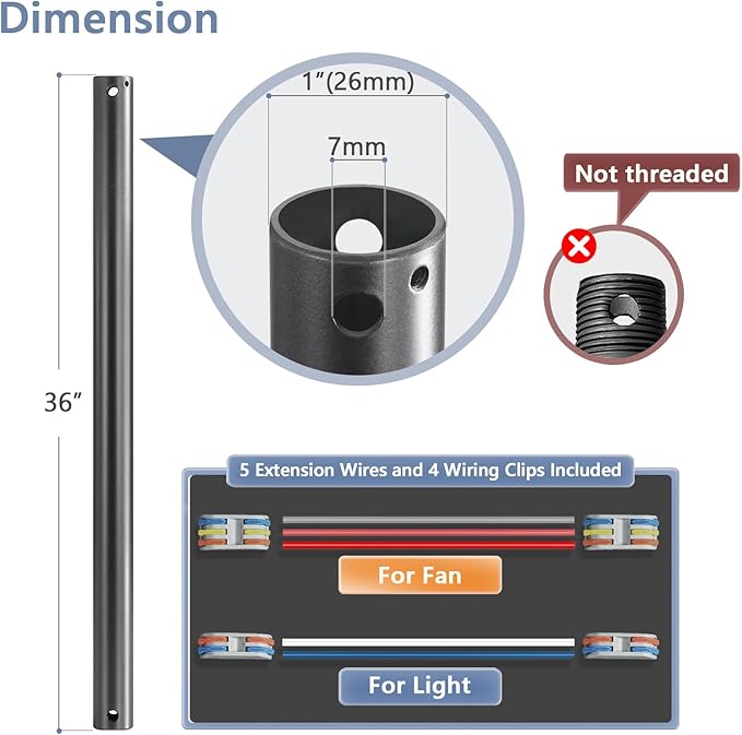 36" Ceiling Fan Downrod, 【1 Outside Diameter】 Black Extended Downrod, including 4 Wire Connectors and 5 Extension Wires (No Threads)