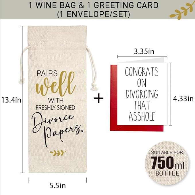 Divorced Wine Bag Gifts, New Beginning Gift, Wine Bag for Freshyl Signed Divorce Papers, Breakup, Happily Divorced, Divorce Party Decorations, 1 Wine Bag with 1 Congrats on Divorcing That Asshole Card
