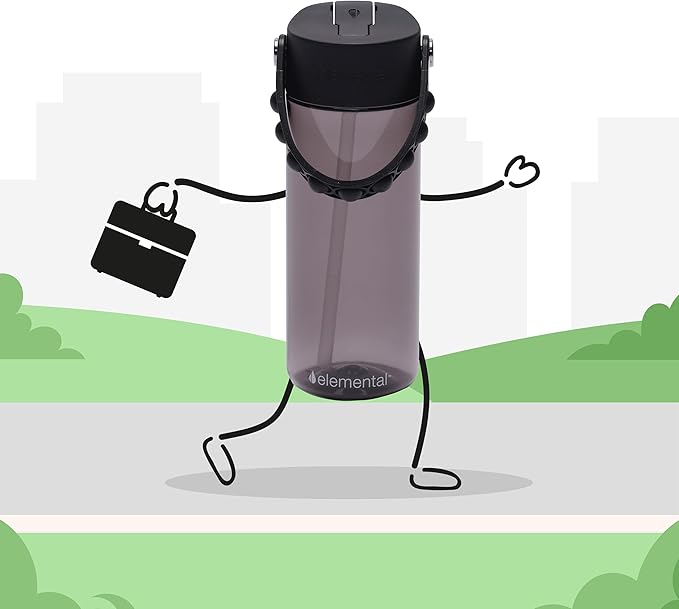 Elemental Leak Proof Water Bottles for Kids - Splash Kids Water Bottle for School with Fun Fidget Pop-it Handle - BPA Free Tritan Plastic Reusable Water Bottle with Straw - Black - 18oz