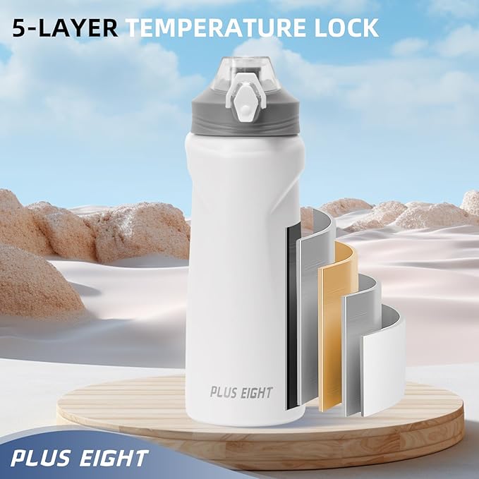 Sports Water Bottle, 25 oz Insulated Water Bottle With Straw, Stainless Steel Water Bottle Wide Mouth for Sports, Gym or Office, BPA-Free Keep Cold 24H Hot 12H (White)