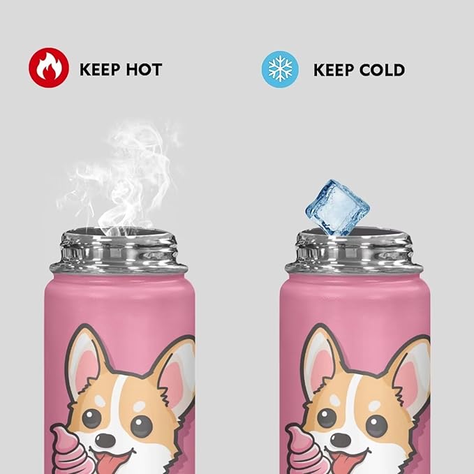Corgi Insulated Water Bottle for Kids 18 Oz Vacuum Stainless Steel Water Bottle Reusable Travel Cup Gym Sports Wide Mouth Water Bottle