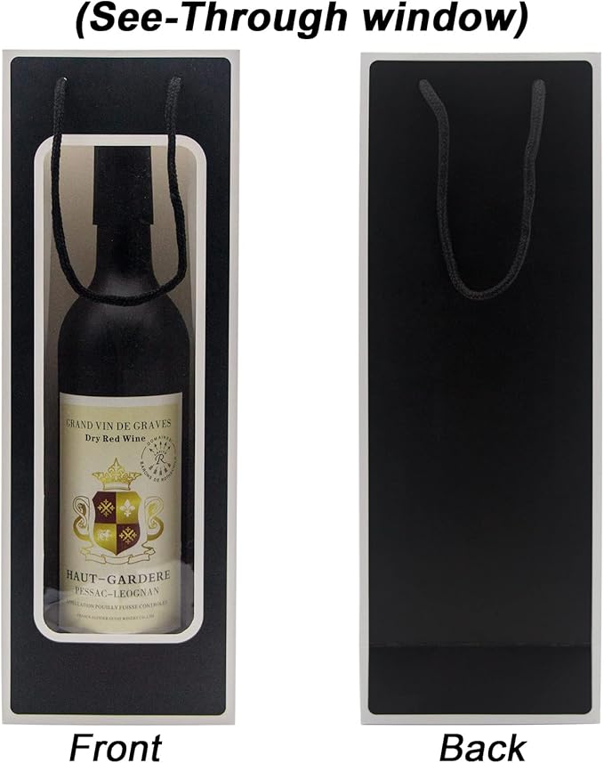 WAKAKO 12 Pcs Wine Gift Bags for Wine Bottles, Reusable Clear Window Wine Bottle Bags Bulk with Handles for Weddings, Valentine's Day, Birthday, Party, Graduations, Thanksgiving (Black)