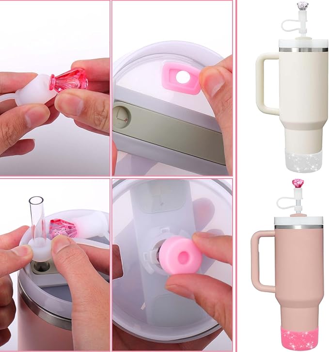 Mity rain Set for Stanley Cup Accessories, Including 2Pcs Diamond Straw Topper, 4 Pcs Silicone Spill Proof Stopper, 2Pcs Protective Glitter Silicone Boot, Pink and White Set for Stanley Cup 40/30 OZ