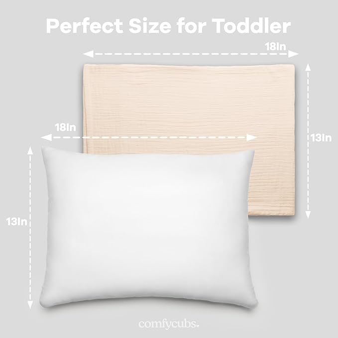 Comfy Cubs Toddler Pillow with Soft Muslin Pillowcase, 13"x18", Cream (2 Pack) - Kids Pillow for Sleeping & Travel - Comfortable Small Pillow - Kids Travel Pillow with Breathable Microfiber Fill