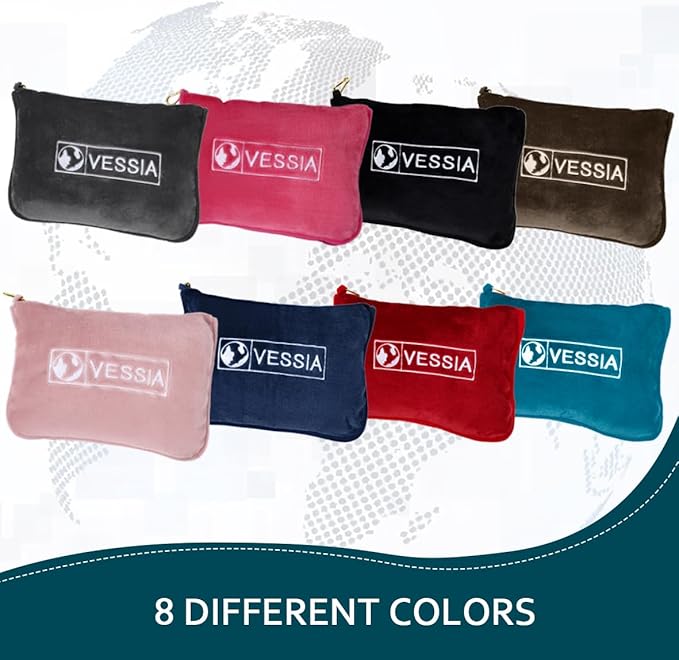 Vessia Travel Blanket for Airplane, Train and Car, Warm and Soft Travel Blanket in Bag for Adults and Kids, Portable Compact Long Flight Blanket with Luggage Sleeve, Backpack Clip(Brown)