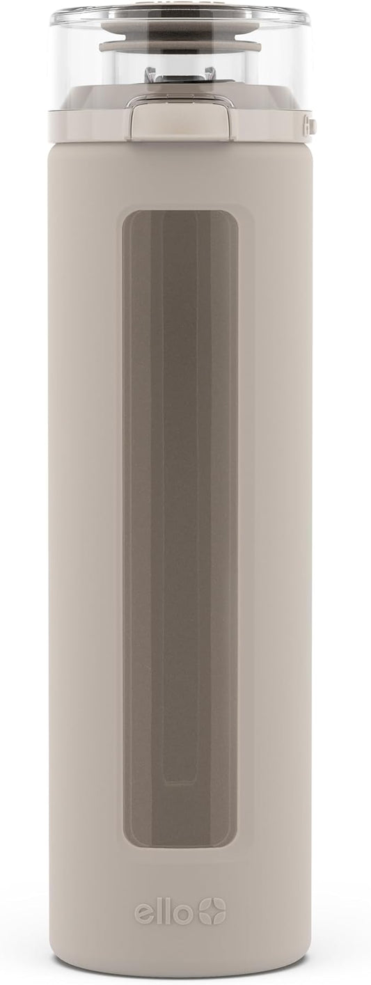 Ello Syndicate Glass Water Bottle with One-Touch Flip Lid and Protective Silicone Sleeve and Carry Loop, BPA Free, Dishwasher Safe,20oz