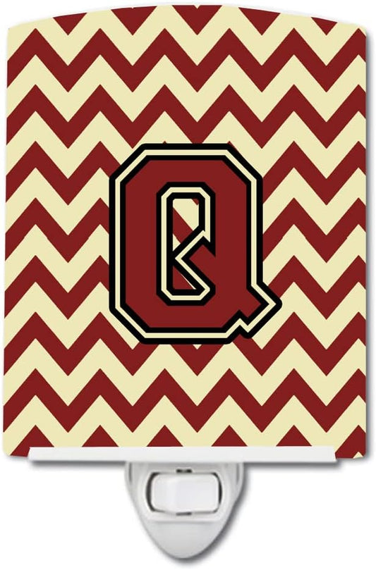 Caroline's Treasures CJ1061-QCNL Letter Q Chevron Maroon and Gold Ceramic Night Light Compact, UL-Certified, Ideal for Bedroom, Bathroom, Nursery, Hallway, Kitchen, 6x4x3, Multicolor