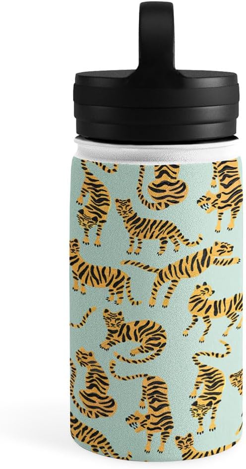 Deny Designs Water Bottle, Handle Lid 12 oz, Cat Coquillette Tiger Collection Mint Orange