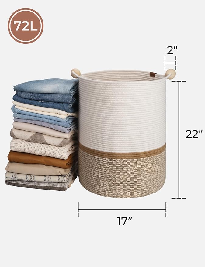 StorageWorks 72L Cotton Rope Laundry Basket with Wooden Beads Handles, Woven Basket for Storage, Dirty Clothes, Kids Toys, Towels, White & Khaki