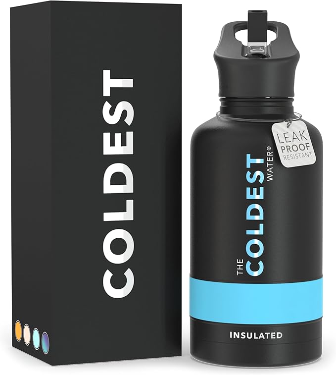 Coldest Sports Water Bottle with Straw Lid Vacuum Insulated Stainless Steel Metal Thermos Bottles Reusable Leak Proof Flask for Sports Gym (Matte Black, 64 oz)