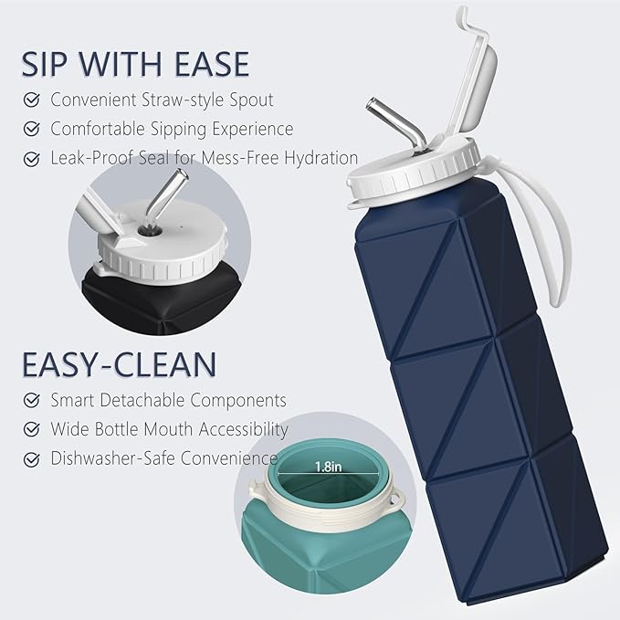 Collapsible Water Bottles, Silicone Foldable Portable Water Bottle 610ml, Lightweight Reusable Leakproof for Travel Camping Hiking Cycling Yoga Sports Outdoor