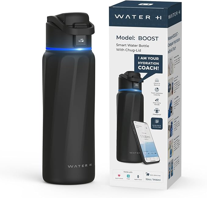 BOOST Smart Water Bottle with Reminder to Drink Water & Water Tracker Bottle - Double Wall Vacuum Insulated Water Bottle Stainless Steel, Wide Mouth 32 oz Water Bottles, Ideal for Gift - Black