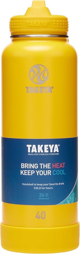 Takeya Actives 40 oz Vacuum Insulated Stainless Steel Water Bottle with Straw Lid, Premium Quality, Clementine