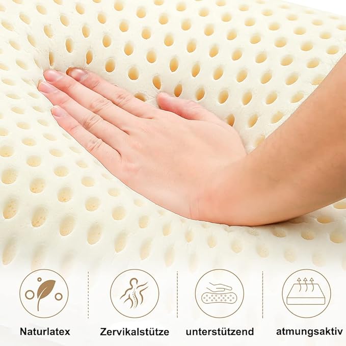Royalisneeo 100% Talalay Latex Pillow, Soft, Foam Rubber Pillow Helps Relieve Pressure,Best Gift with Removable Cotton Cover for Back, Stomach and Side Sleepers（Queen）